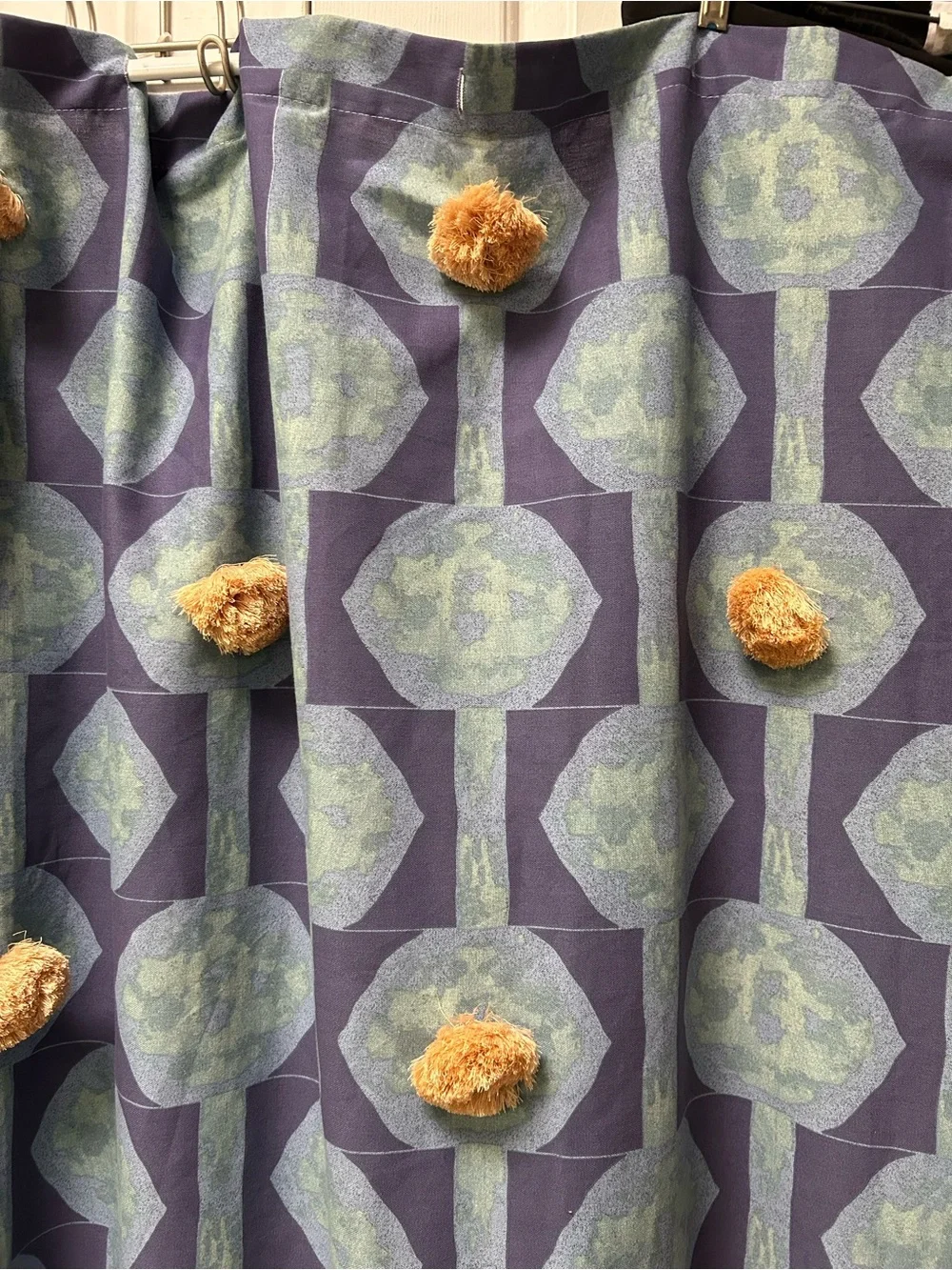 Blue Geometric Shower Curtain w/Tan Pom-Poms thru-out + blue fringe hem. So cute - Picture 2 of 6